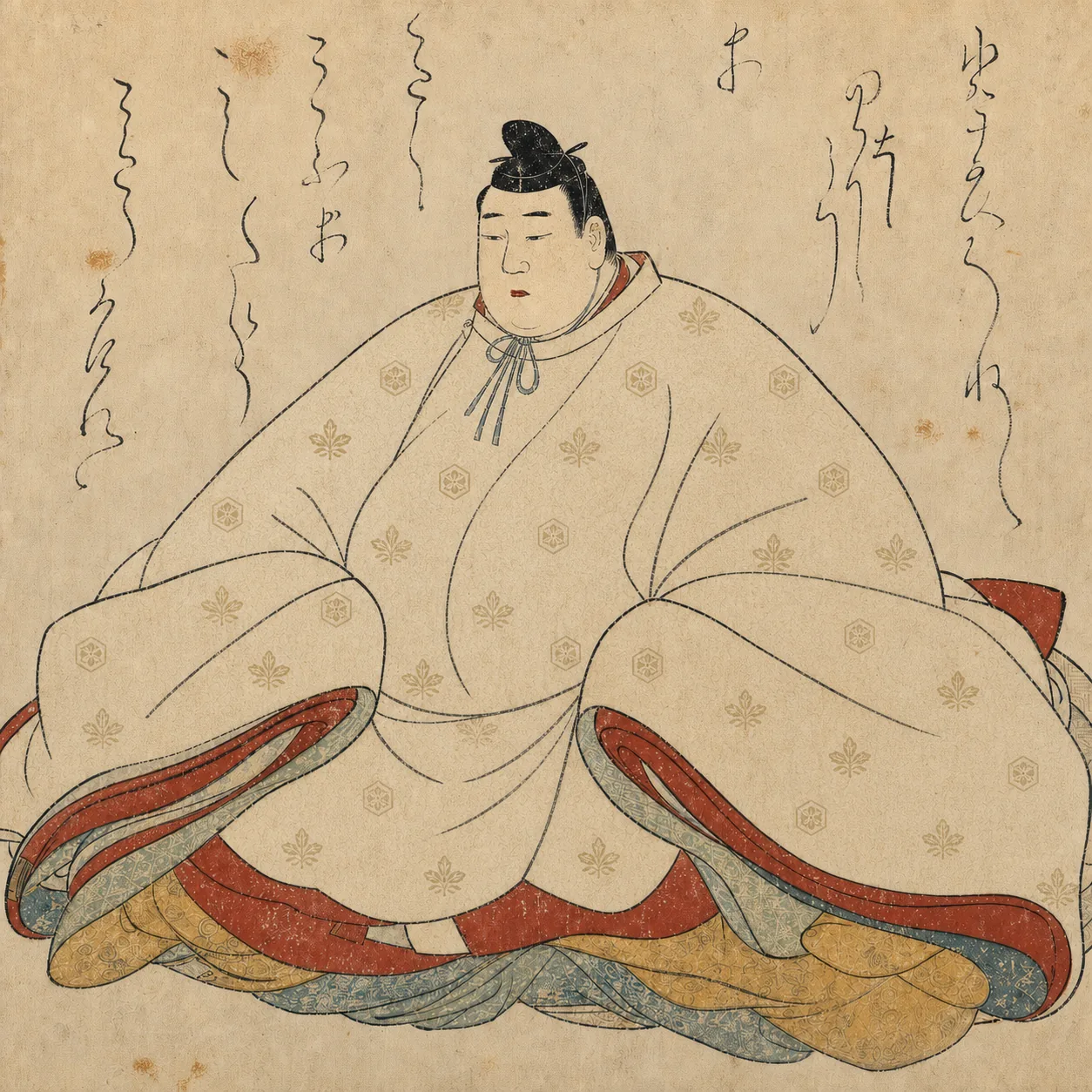 大きな装束に身を包み、静かに座る架空の平安人物・有頼在原